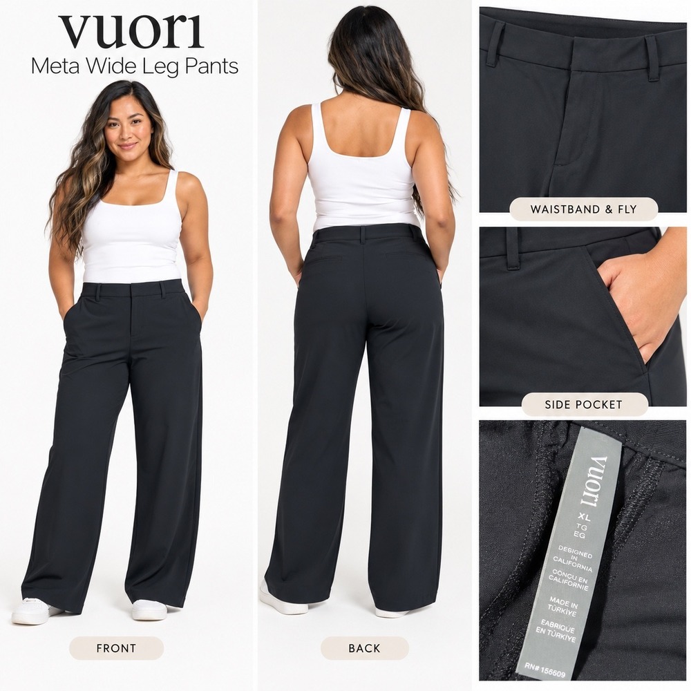 Vuori Meta Wide Leg Pants Black High Rise Performance Stretch XL 31 Inseam